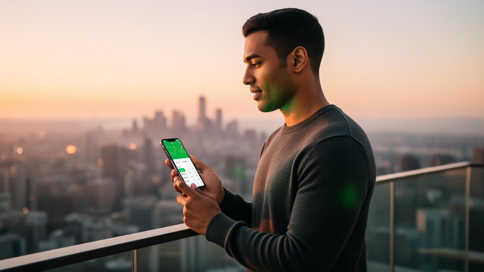 A trader looking out over the city skyline at sunrise, phone in hand